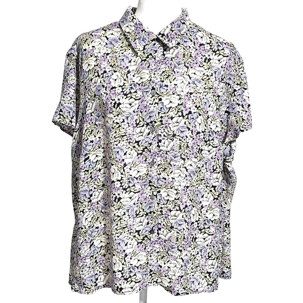 Charter Club Blouse‎ Womens 20W Purple Floral 100% Silk Short Sleeve Button Down